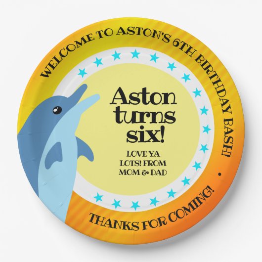 Assiettes En Carton Joli dauphin d'anniversaire au soleil (Devant)