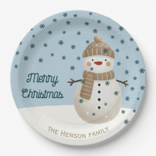 Assiettes En Carton Joli dessin de bonhomme de neige et flocons de nei
