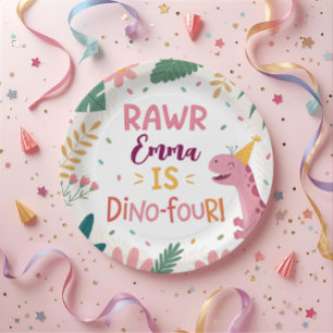 Assiettes En Carton Joli Dino-Four Dinosaure Rose Fille 4ème Anniversa