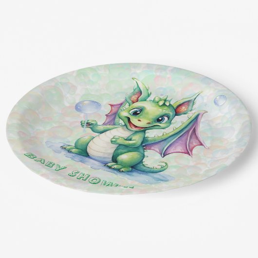 Assiettes En Carton Joli Dragon vert avec Baby shower de garçon Bubble (Angle)