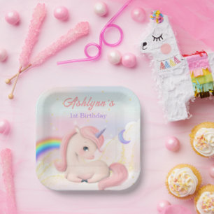Assiettes En Carton Joli Élégant Mignon Licorne Rose Aquarelle carré
