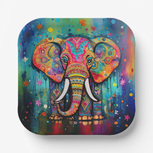 Assiettes En Carton Joli éléphant coloré Funky Mélange Média Animal