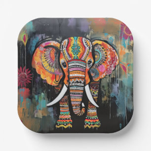 Assiettes En Carton Joli éléphant coloré Funky Mélange Média Animal