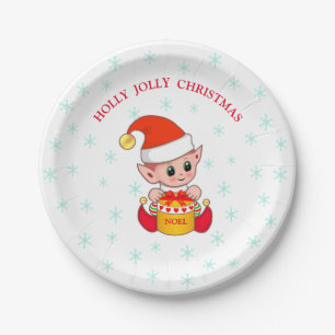Assiettes En Carton Joli elfe de Noël et flocons de neige sur fond bla