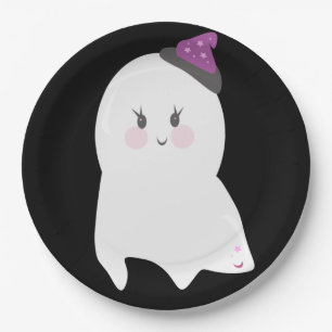 Assiettes En Carton Joli fantôme d'Halloween violet noir
