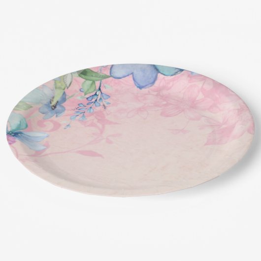 Assiettes En Carton Joli Fleurs sauvages floraux rose et bleu (Angle)