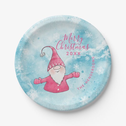 Assiettes En Carton Joli Gnome rose et bleu Personnalisé Joyeux Noël (Devant)