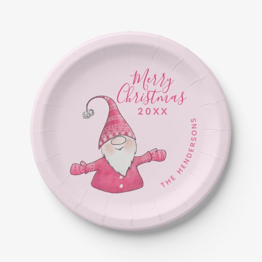 Assiettes En Carton Joli Gnome rose Personnalisé Joyeux Noël (Devant)