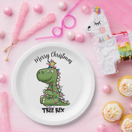 Assiettes En Carton Joli Green Tree Rex Dino Lumières Joyeux Noël (Fête)