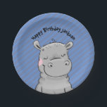 Assiettes En Carton Joli Hippo Anniversaire<br><div class="desc">Jolie illustration hippo et texte réglable. Peut être changé pour dire "baby shower" etc. Arrière - plan rayé bleu.</div>