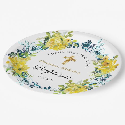 Assiettes En Carton Joli Jaune Floral Gold Cross Baptism Réception (Angle)