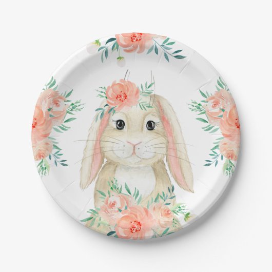 Assiettes En Carton Joli lapin d'aquarelle et fleurs Pâques (Devant)