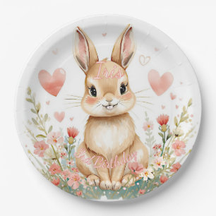 Assiettes En Carton Joli Lapin de la Forêt Rose Cœurs Fleurs Pastel