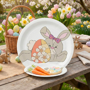 Assiettes En Carton Joli lapin de Pâques avec un œuf floral