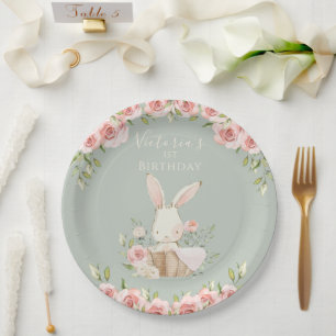Assiettes En Carton Joli Lapin Rose 1 Un Premier Anniversaire Vert