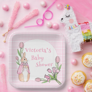 Assiettes En Carton Joli lapin rose En vichy Baby shower