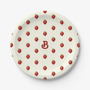 Assiettes En Carton Joli monogramme de fraise rouge et blanc pour fill