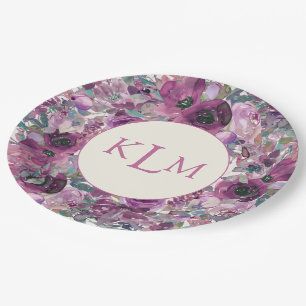 Assiettes En Carton Joli monogramme floral aquarelle violet