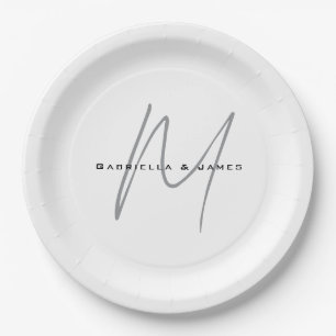 Assiettes En Carton Joli Monogramme Noir Blanc Gris Calligraphie