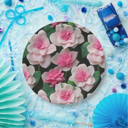 Assiettes En Carton Joli motif fleuri rose boho (Fête)