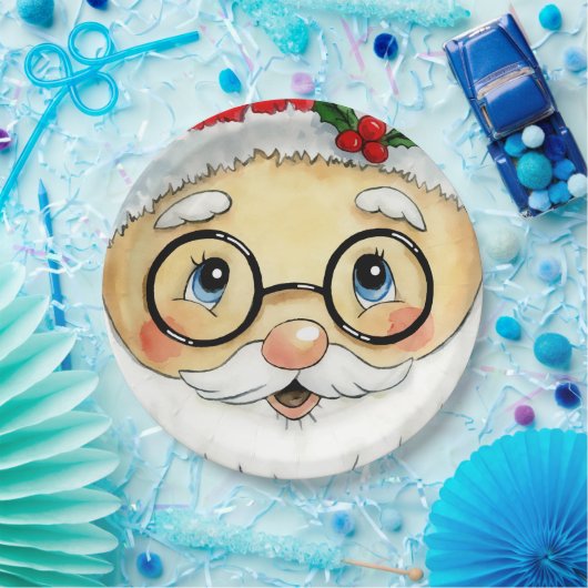 Assiettes En Carton Joli Noël Aquarelle Père Noël Face (Fête)