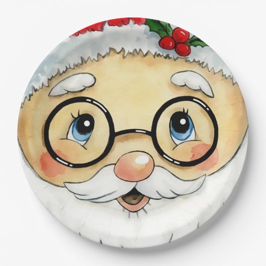 Assiettes En Carton Joli Noël Aquarelle Père Noël Face (Devant)