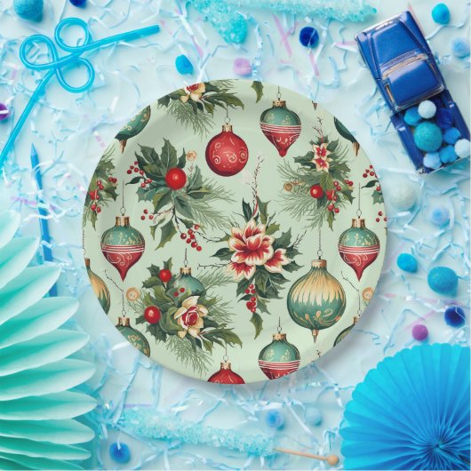 Assiettes En Carton Joli Noël Rétro, Noël Floral (Fête)