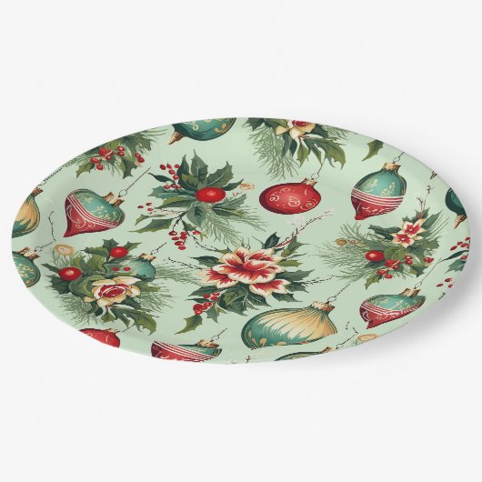 Assiettes En Carton Joli Noël Rétro, Noël Floral (Angle)