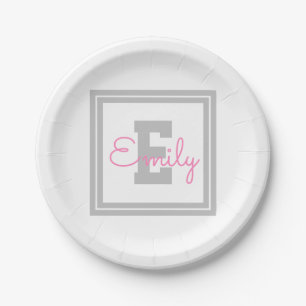 Assiettes En Carton Joli nom encadré et monogramme Gris clair et ros