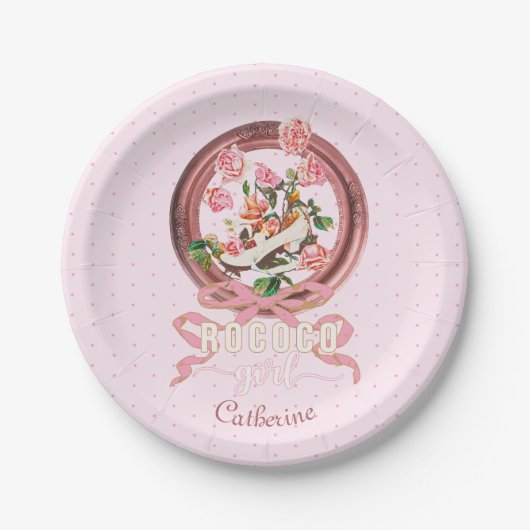 Assiettes En Carton Joli Nom Rose Rococo Chaussure Fille Rose Ruban (Devant)