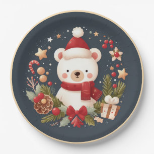 Assiettes En Carton Joli ours de Noël/d'hiver en couronne