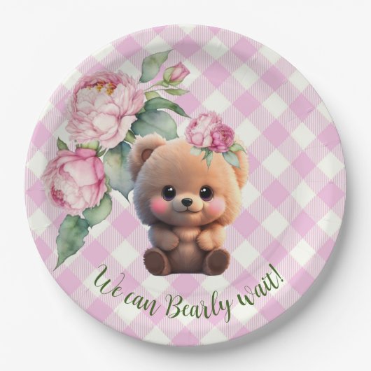 Assiettes En Carton Joli ours en peluche rose en vichy Baby shower fle (Devant)