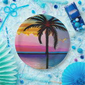 Assiettes En Carton Joli palmier tropical et coucher de soleil violet (Fête)