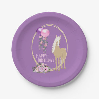 Assiettes En Carton Joli Palomino rose violet Fleurs Cheval Anniversai