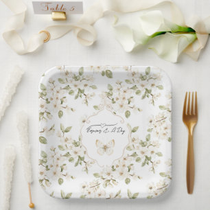 Assiettes En Carton Joli Papillon d'Arbre Fleurissant Crème Mariage