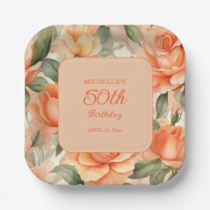 Assiettes En Carton Joli pêche orange floral roses 50e anniversaire