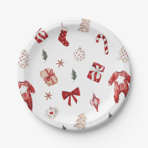 Assiettes En Carton Joli petit Baby shower de Noël d'hiver rouge