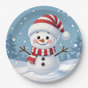 Assiettes En Carton Joli petit bonhomme de neige avec écharpe et chape