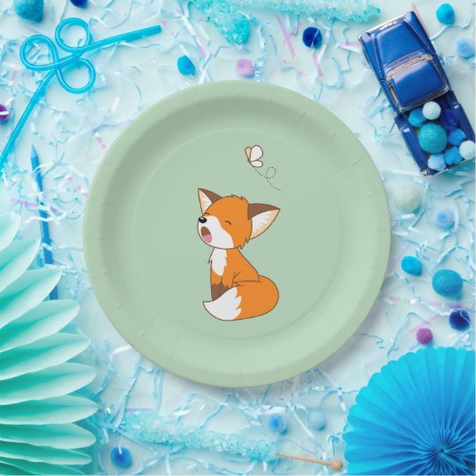 Assiettes En Carton Joli petit renard doré sur vert (Fête)