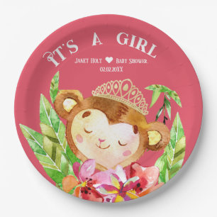 Assiettes En Carton Joli Petit Singe C'Est Une Fille Tropique Rose