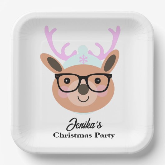 Assiettes En Carton Joli Reindeer Noël Casquette Écharpe lunettes (Recto)