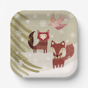 Assiettes En Carton Joli Renard d'hiver Plaque de papier de 7 pouces