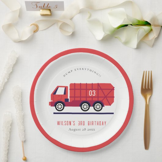 Assiettes En Carton Joli Rouge Garbage Truck Enfants N'importe quel âg (Mariage)