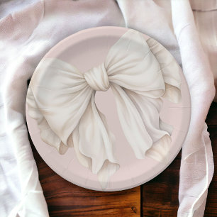 Assiettes En Carton Joli ruban blanc ivoire féminin sur fond rose
