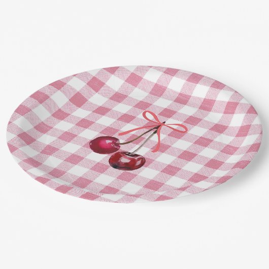 Assiettes En Carton Joli ruban girly Cerise rose Gingham carreaux  (Angle)