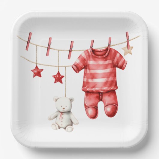Assiettes En Carton Joli Teddy Bear Cloche Baby shower rouge (Recto)