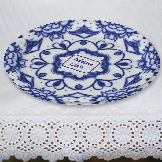 Assiettes En Carton Joli Thé d'après-midi bleu et blanc - Nom / Texte