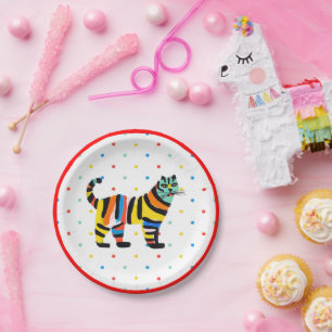 Assiettes En Carton Joli Tigre Coloré Chat Polka Point Anniversaire