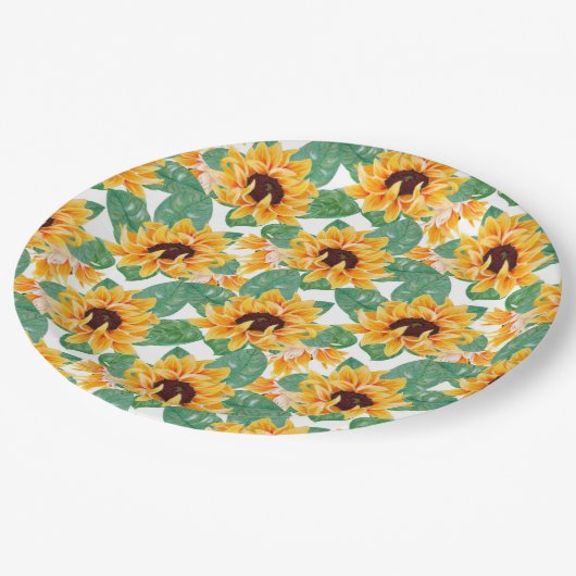 Assiettes En Carton Joli tournesol Jaune & Motif vert (Angle)