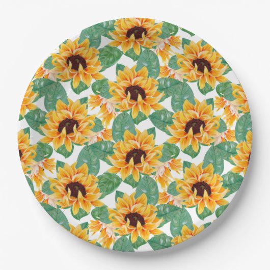 Assiettes En Carton Joli tournesol Jaune & Motif vert (Devant)